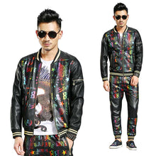 Load image into Gallery viewer, New Fashion 2 Piece Set Hip Hop Tracksuit Mens Casual Baseball Jacket with Joggers Pants Bomber Jacket Coat PU Leather Trousers