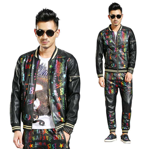 New Fashion 2 Piece Set Hip Hop Tracksuit Mens Casual Baseball Jacket with Joggers Pants Bomber Jacket Coat PU Leather Trousers