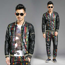 Load image into Gallery viewer, New Fashion 2 Piece Set Hip Hop Tracksuit Mens Casual Baseball Jacket with Joggers Pants Bomber Jacket Coat PU Leather Trousers