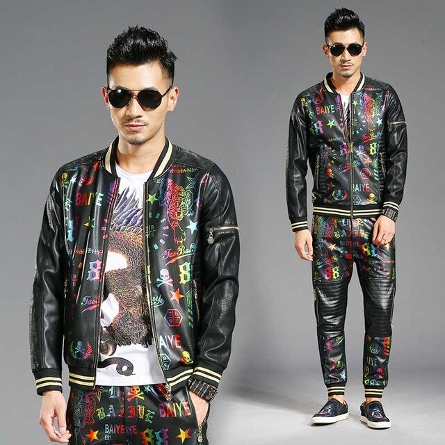 New Fashion 2 Piece Set Hip Hop Tracksuit Mens Casual Baseball Jacket with Joggers Pants Bomber Jacket Coat PU Leather Trousers