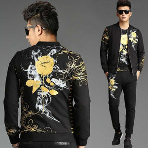 Retro Gilded Rose Floral Printed 3 Piece Sweat Set Tracksuit Men Hoodies Set Casual Slim Fit Jacket + Tshirt + Joggers Pants