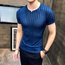 Load image into Gallery viewer, New summer men&#39;s T-shirt Korean Slim trend round neck half-sleeved shirt solid color bottoming shirt striped T-shirt