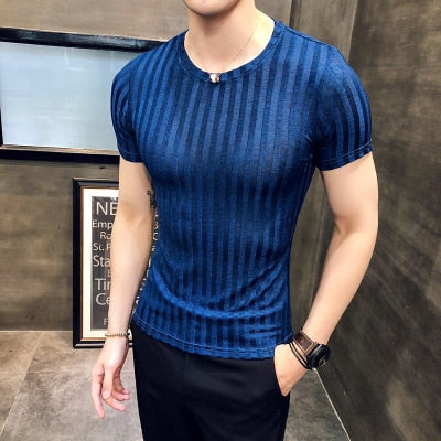 New summer men's T-shirt Korean Slim trend round neck half-sleeved shirt solid color bottoming shirt striped T-shirt