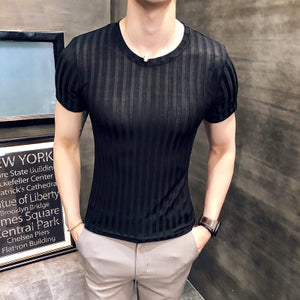 New summer men's T-shirt Korean Slim trend round neck half-sleeved shirt solid color bottoming shirt striped T-shirt