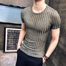 Load image into Gallery viewer, New summer men&#39;s T-shirt Korean Slim trend round neck half-sleeved shirt solid color bottoming shirt striped T-shirt