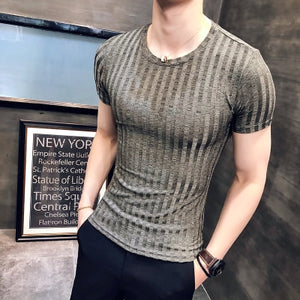 New summer men's T-shirt Korean Slim trend round neck half-sleeved shirt solid color bottoming shirt striped T-shirt