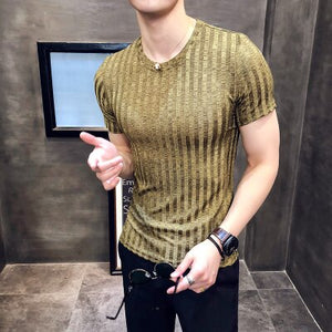 New summer men's T-shirt Korean Slim trend round neck half-sleeved shirt solid color bottoming shirt striped T-shirt