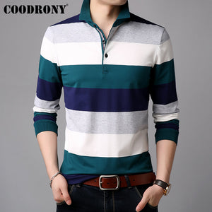 COODRONY Long Sleeve T Shirt Men Striped Casual Streetwear Tshirt Soft Cotton Tee Shirt Homme Turn-down Collar T-Shirt Men 95012